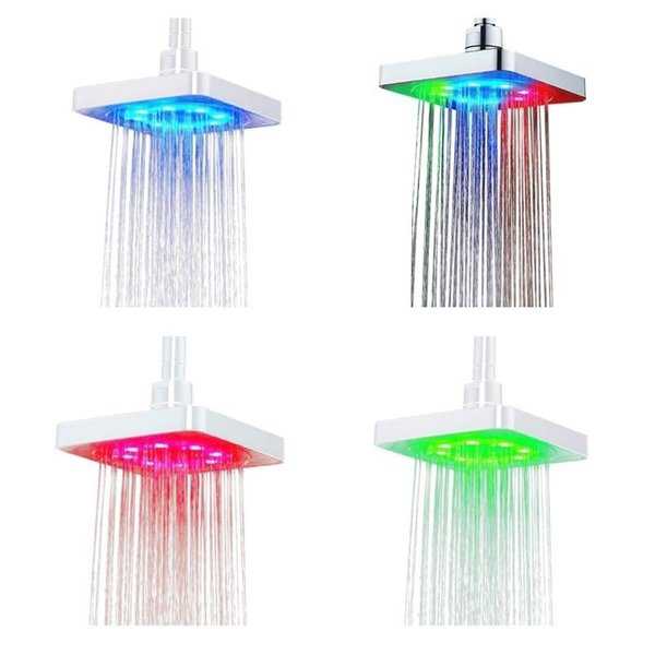 6 Inch Square 7 Colors Changing LED Rain Shower Head - Silver